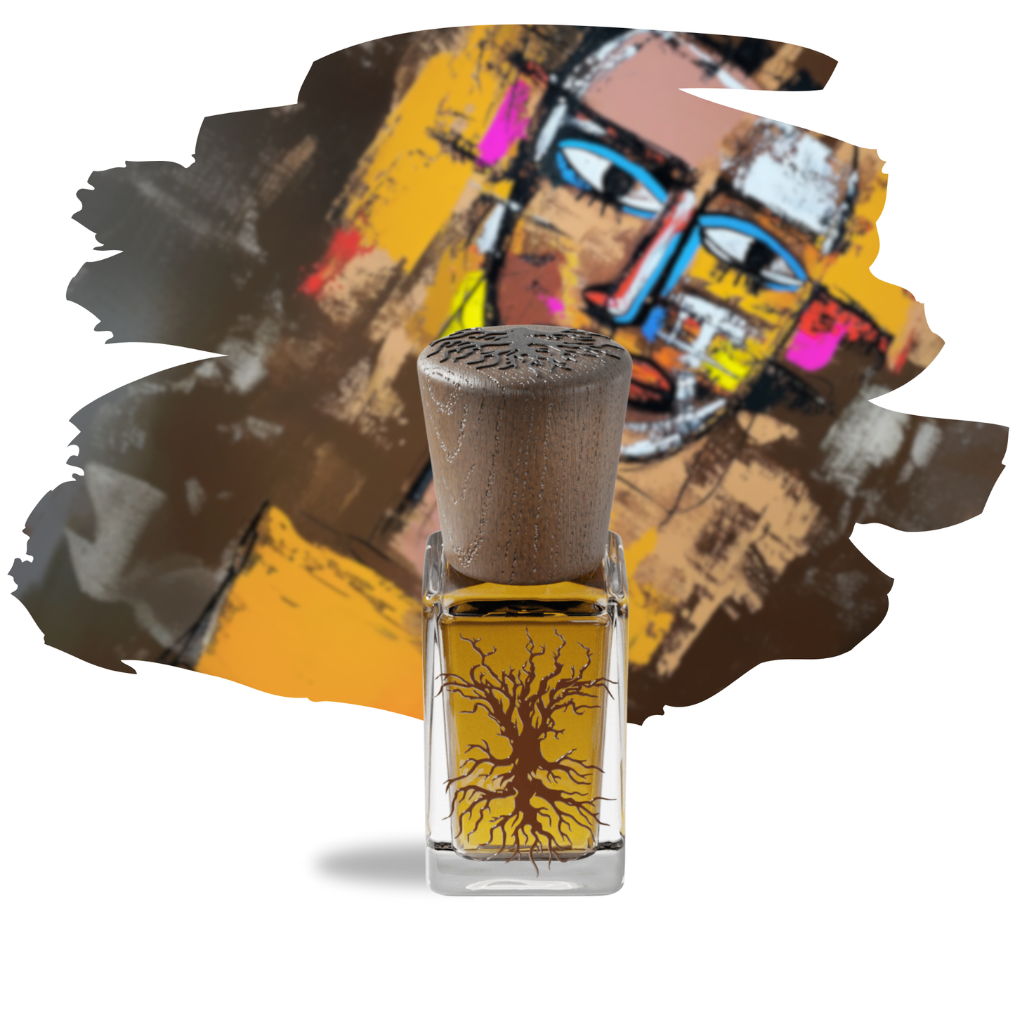 Murmur 15ml perfume bottle by Sable De Paradis, featuring a textured wooden cap and the signature tree of life design, set against an artistic background.