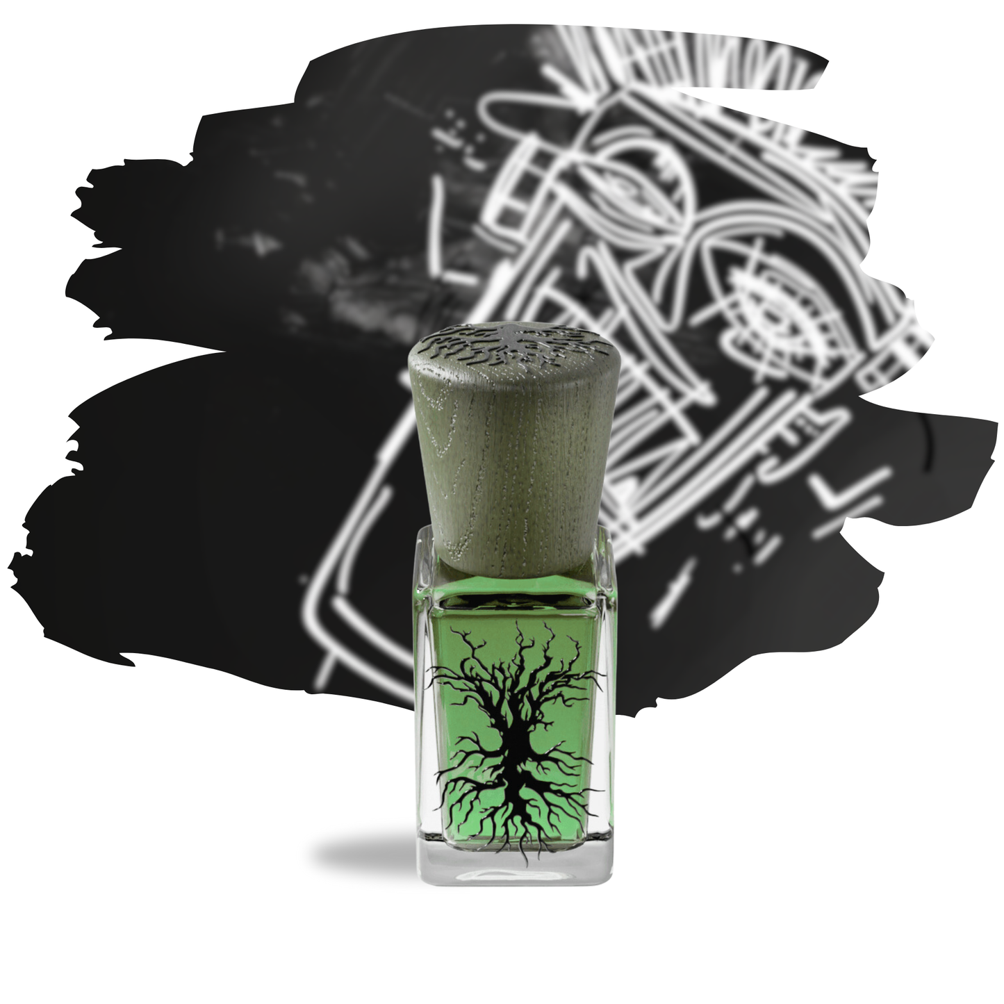 Souffle 15ml perfume bottle by Sable De Paradis, featuring a tree of life design on the glass and a textured wooden cap, set against an abstract black and white background
