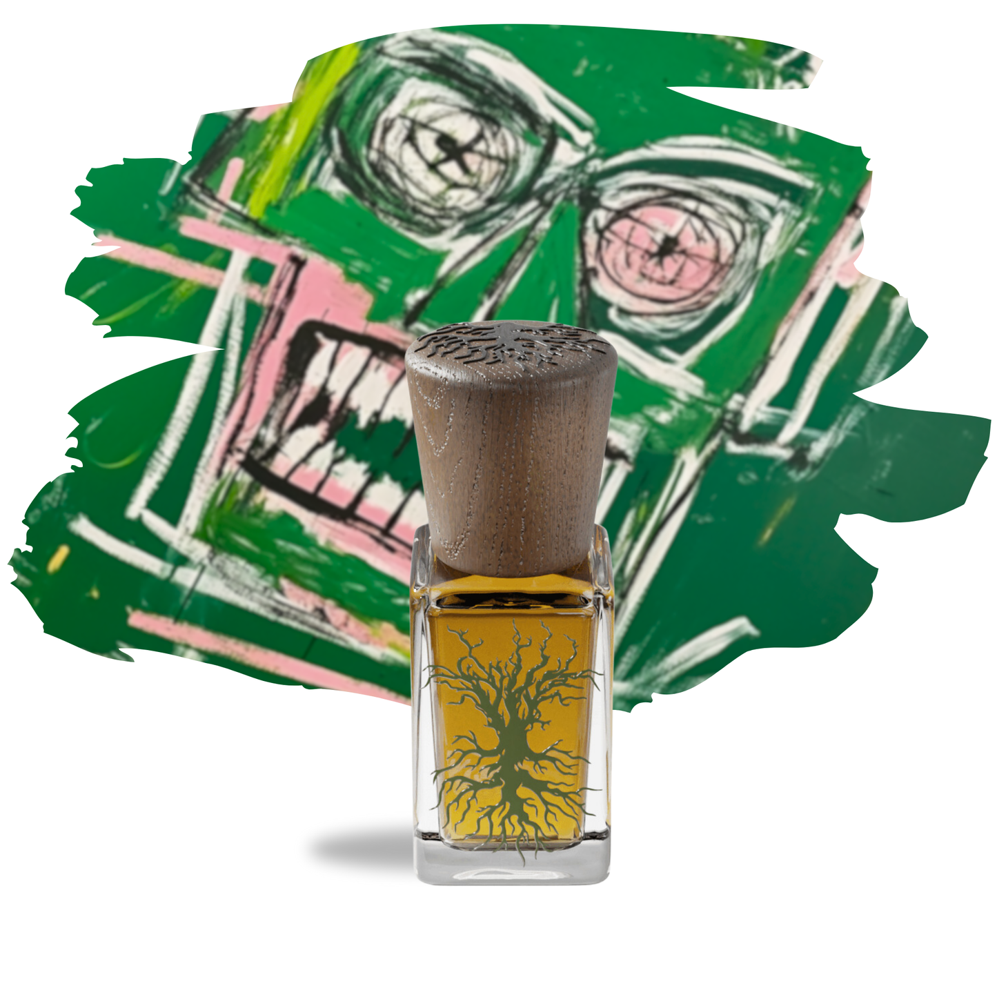 Sussoro 50ml perfume bottle by Sable De Paradis, featuring a textured wooden cap and the signature tree of life design, set against a lush green background.