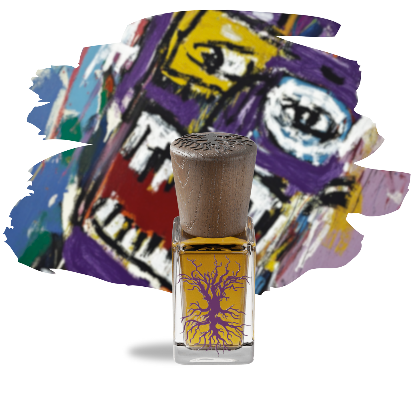 Vivaldi 15ml perfume bottle by Sable De Paradis, featuring a textured wooden cap and the signature tree of life design, set against a rich purple background.