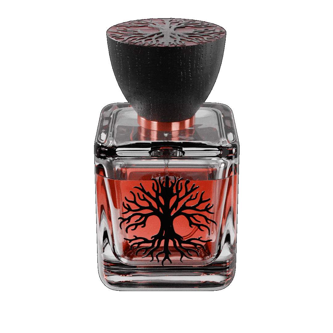 Murmur 50ml perfume bottle by Sable De Paradis, featuring a textured wooden cap and the signature tree of life design. A powerful blend of bergamot, saffron, clove, Damascus rose, black currant, yellow amber, and vanilla-infused oud.