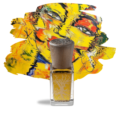 Orice 15 ml perfume bottle by Sable De Paradis, featuring a textured wooden cap and the signature tree of life design, set against a radiant golden background.
