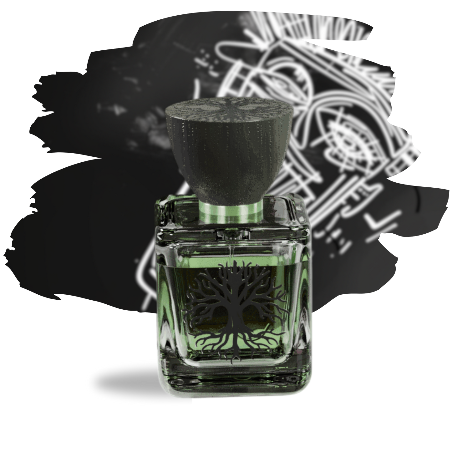 Souffle 50 ml perfume bottle by Sable De Paradis, featuring a tree of life design on the glass and a textured wooden cap, set against an abstract black and white background