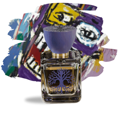 Vivaldi 50ml perfume bottle by Sable De Paradis, featuring a textured wooden cap and the signature tree of life design, set against a rich purple background.